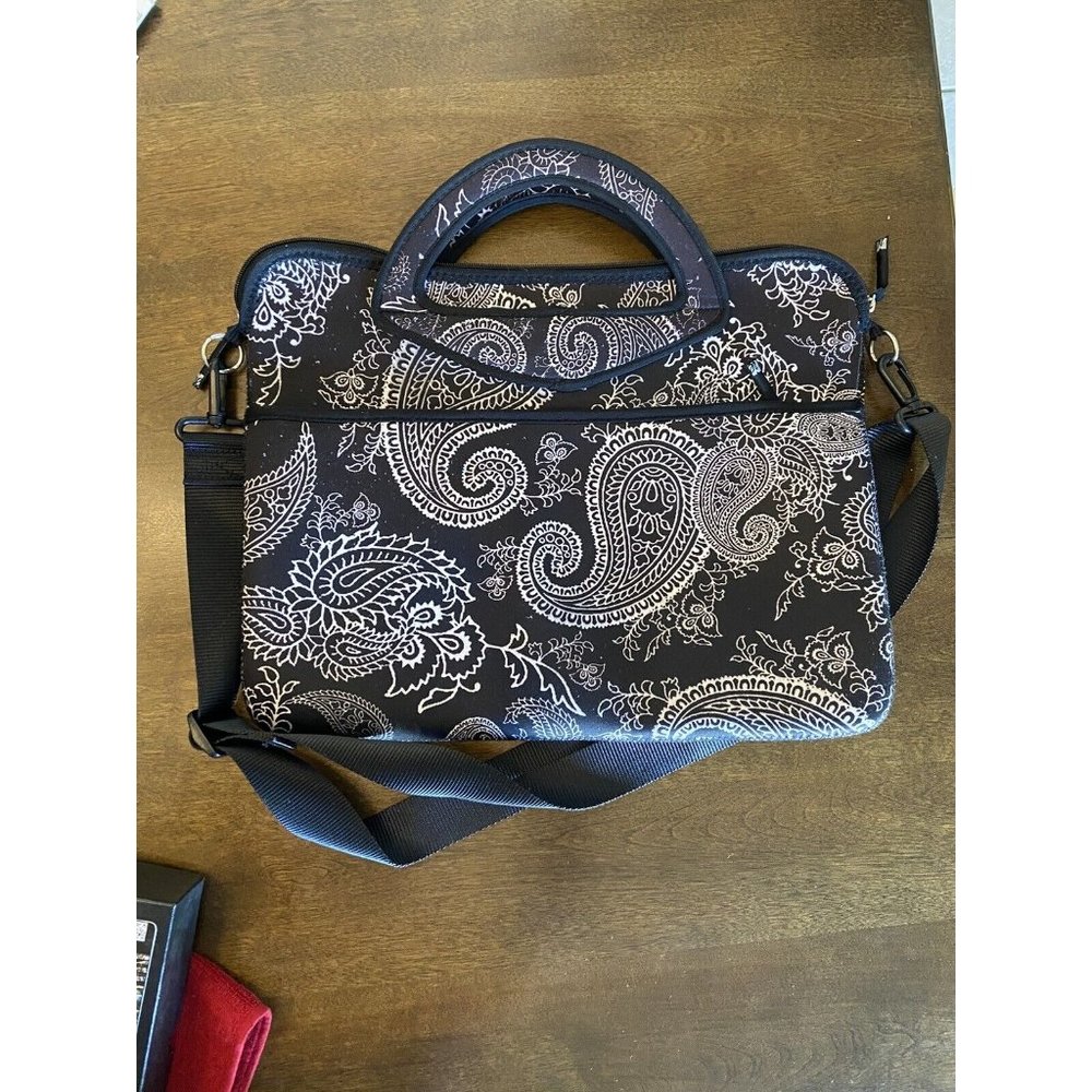 ie brand Neoprene Laptop Messenger bag removable strap black white paisley